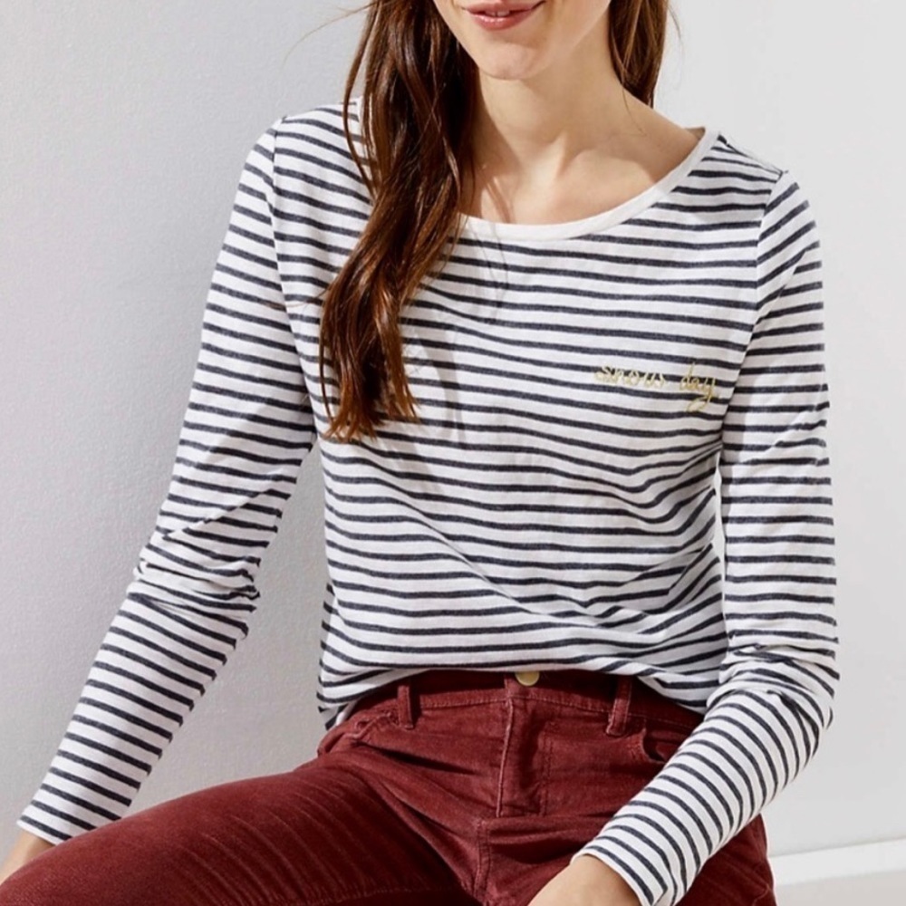 LOFT Vintage Soft Long Sleeve T Shirt Top Snow Day Stripe Glitter Size Small NWT